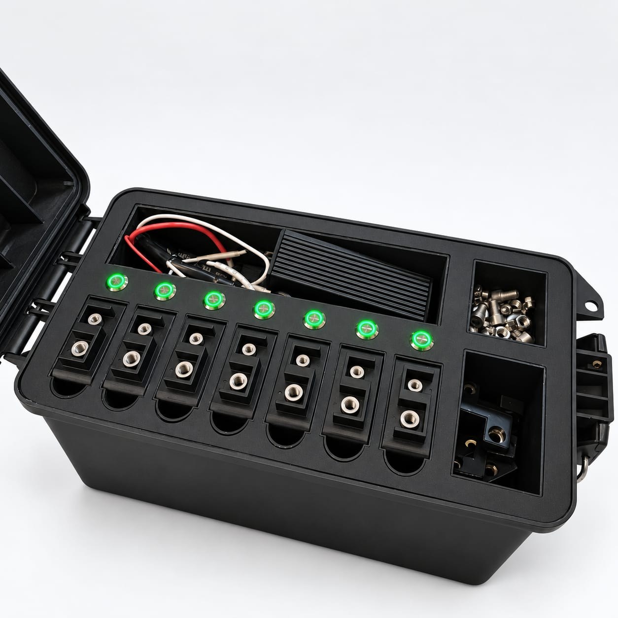 De Black Box geopend, met zeven celmodules en groene statuslampjes